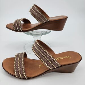 Toscanella Womens Brown Wedge 2" Heel Double Strap Studded Sandals 8.5